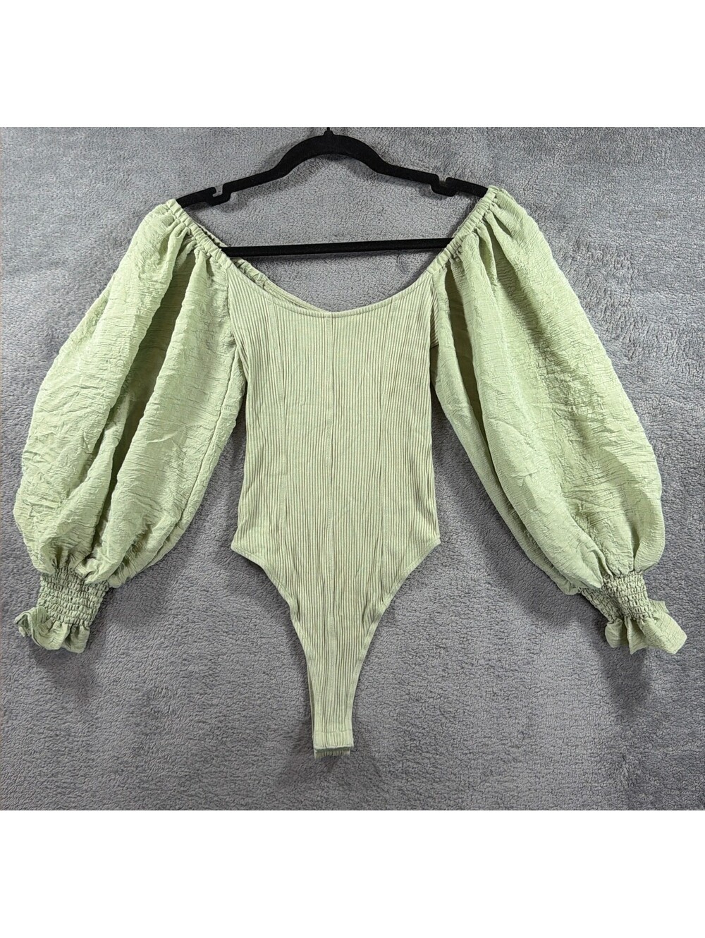 Lulus Romantic Inclination Ribbed Knit Puff Sleeve Bodysuit Sage Green